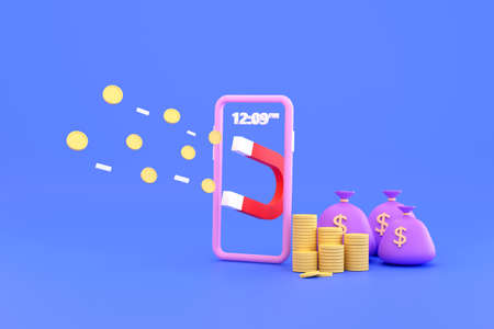 3D. Magnet on smartphoe attract money. Money bags and stacks of coins. Business concept.