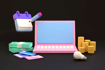 3D. Computers, coins, credit card and note-taking paper. finance concept.の写真素材