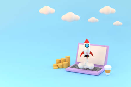 3D. notebook computer and coins, A rocket soared up on sky. concept  business startup.