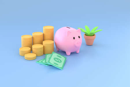 3D. Piggy bank, coins and banknotes for symbol business saving.の写真素材