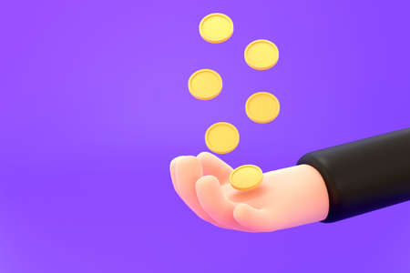 3D. Hand holding coin stack on purple background money-saving, online payment.の写真素材