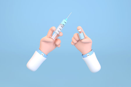 3D. Cartoon doctor holding vaccine and syringe. medical care concept.の写真素材