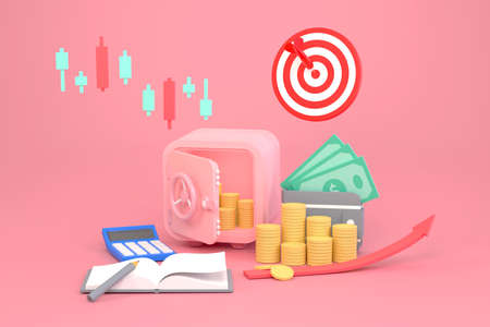 3D. Safe bank, stacks of coins, banknotes and calculators. savings and investment ideas