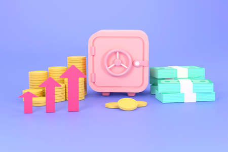 3D. safe, stacks of coins, banknotes. concept business investment.