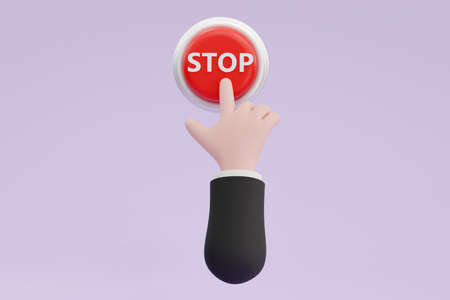 3D. Cartoon hand pressing the red button. system control