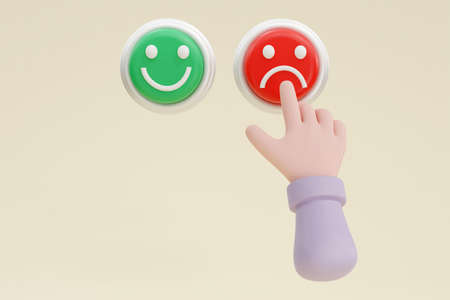 3D. Cartoon character hand chooses between two buttons. Business or market clip art. Service rating...