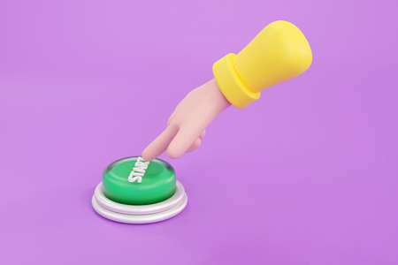 3D. Cartoon hand pressing the red button. system control