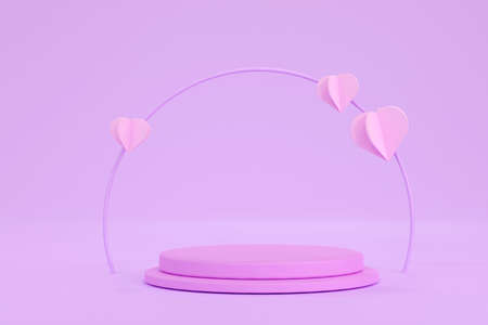3D. Circle podium, arched arch and paper heart on pink background.の写真素材