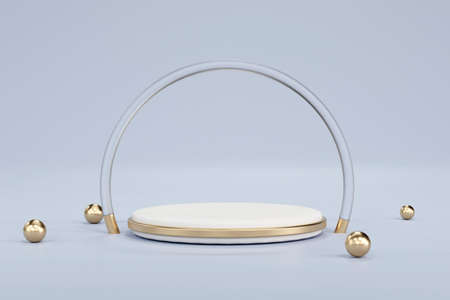 3D. Podium for displaying products, curved glass and gold balls.