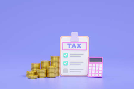 3D. isometric checklist tax on clipboard paper and coins.