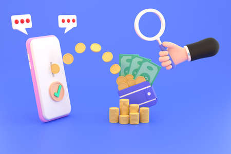 3D. Hand holding magnifying glass,Transfer Spending and Saving Money Online mobile Phone.
