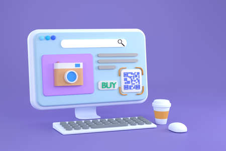 3D. Online shopping. Open computer, Online store concept. Banner for marketing and promotion...