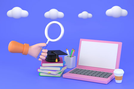 3D.  hand holding magnifying glass and study laptop educational informationの写真素材