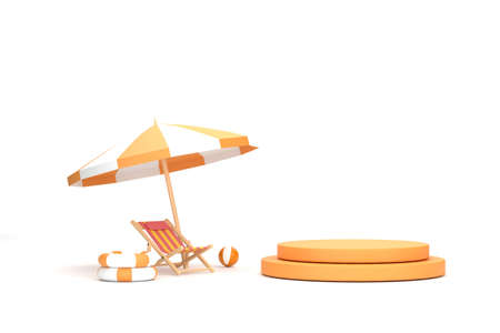 3D. beach umbrella, beach ball, swimming ring and beach chair. Summer travel and holiday concept.