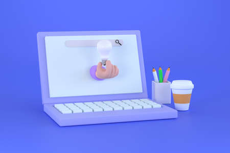 3D. hand hold  Light idea bulb from laptop screen. Startup, idea. creativity, innovation....