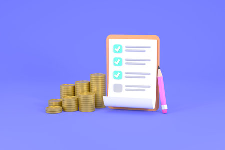 3D. check list with clipboard, check mark, pile money coins isolated.