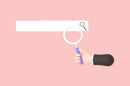3D concept of internet research. Browser search engine  window with magnifying glass.