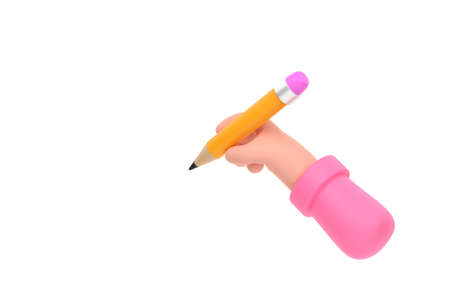 3D. Hand with pencil illustration, cartoon hand holding pencil isolatedの写真素材