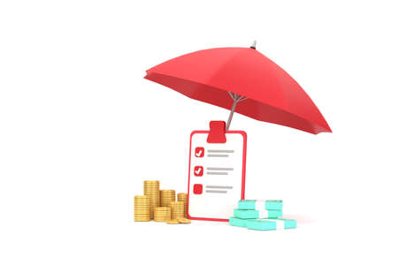 3D. Piles of golden coins and banknotes under red umbrella.