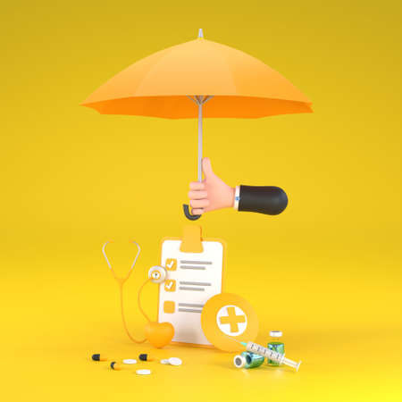 3D. Hand hold yellow umbrella stethoscope, syringe, red heart and check list.の写真素材