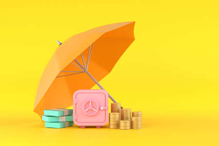 3D. Piles of golden coins, banknotes and safe under yellow umbrella.の写真素材