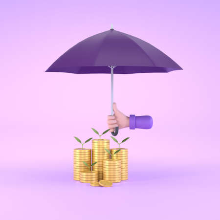 3D. hand holding purple umbrella over pile of coins. Close up of stack of coins .の写真素材
