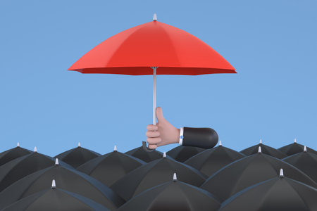 3D. Uniqueness and individuality. Hand holding a red umbrella among people with black umbrellas.の写真素材