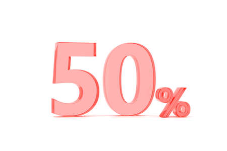 3D. 50 Percentage icon 3D in red glass on white background 3d illustration