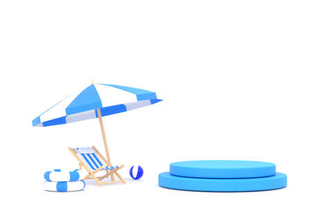 3D. beach umbrella, beach ball, swimming ring and beach chair. Summer travel and holiday concept.