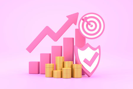 3D. Pink rising arrow, profit bar graph and shield with multiple arrangements of coins.の写真素材