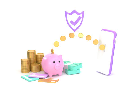 3D financial transactions How to transfer money online between smartphones and piggy banks, saving ideasの写真素材