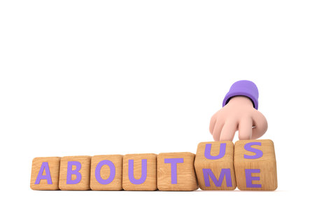 3d. Hand turns dice and changes the word "about me" to "about us".の写真素材