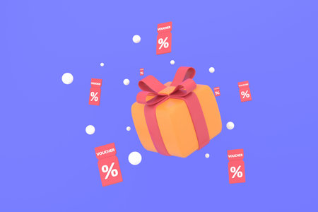 3D. discount coupon with percentage sign with coins. Voucher card cash back with coupon code...