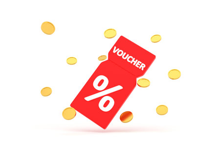 3D. discount coupon with percentage sign with coins. Voucher card cash back with coupon code promotion.の写真素材