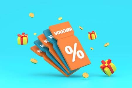 3D. Sale coupons and gift boxes composition.の写真素材