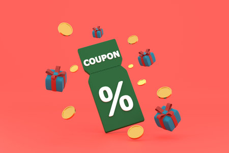 3D. Sale coupons and gift boxes composition.