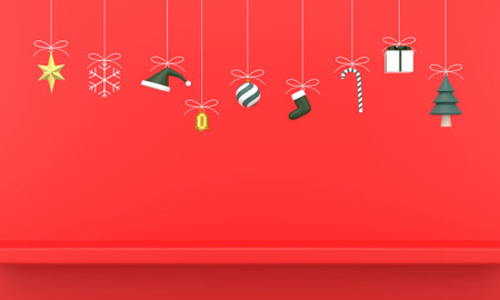 3D. Merry Christmas background with shining gold ornaments. snowflakes, gift, candy,の写真素材