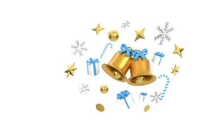 3D. Merry Christmas background with shining gold ornaments. snowflakes, gift, candy,の写真素材