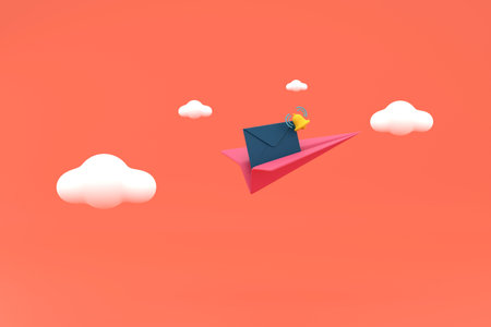 3d. mail envelope and bell  icon on paper plane isolated.の写真素材