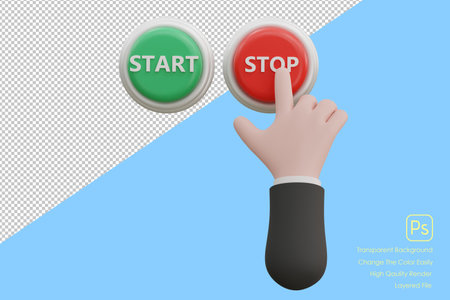 3D. Cartoon hand pressing the green button. system control