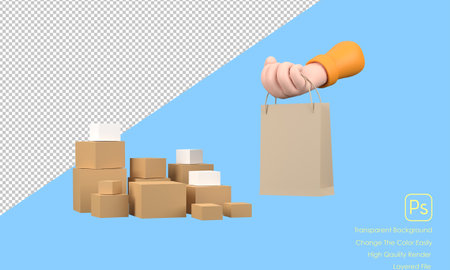 3D. Cartoon hands holding paper bag isolated over orange and box background.の写真素材