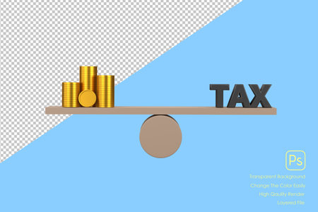 3D. Golden money and wooden cube block tax on seesaw for unbalance of earning or income and government tax deduction.の写真素材
