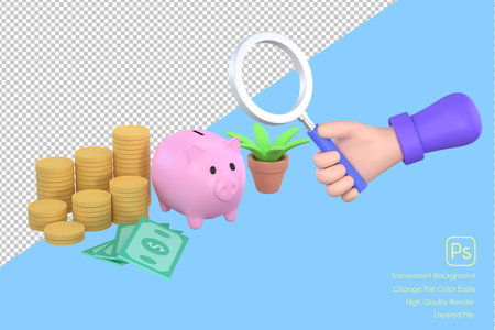 3D. hand holding magnifying glass and piggy bank, coins and banknotes for symbol business saving.の写真素材