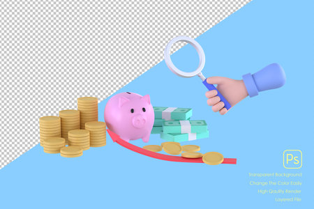 3D. hand holding magnifying glass and Piggy bank, stacks of coins, banknotes. concept business...