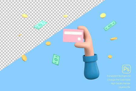 3D. Cartoon Hand holding credit cards and coins bank note backgroundの写真素材
