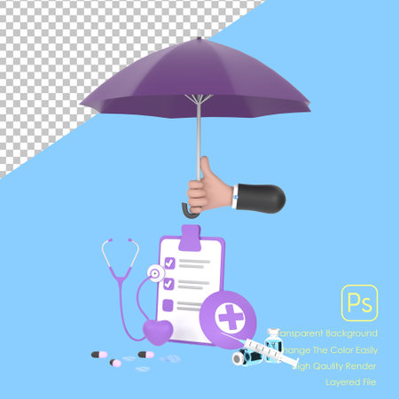 3D. Hand hold purple umbrella stethoscope, syringe, red heart and check list.の写真素材