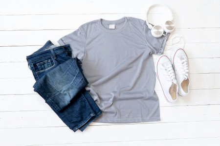 Grey T Shirt mockup weathered, canvas shoes, earphones and Jeans on white wood background shirt templateの写真素材