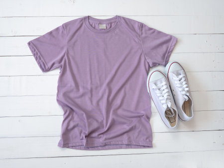 Purple T Shirt mockup weathered and canvas shoes on white wood background shirt templateの写真素材