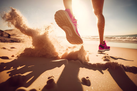 Running at the beach under the bright sunlight generative Aiの素材