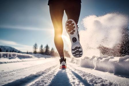 Running Through a Snowy Landscape with Sunlight Streaming Through Feet. generative Aiの素材